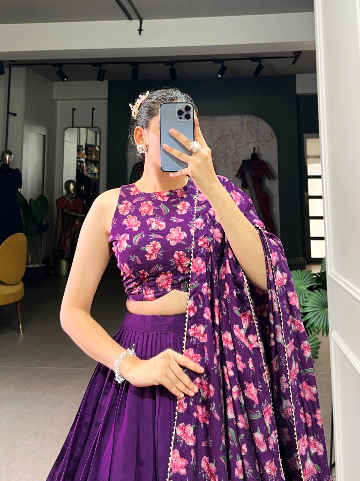 Lavender Floral Print Dola Silk Lehenga Choli Set For Women