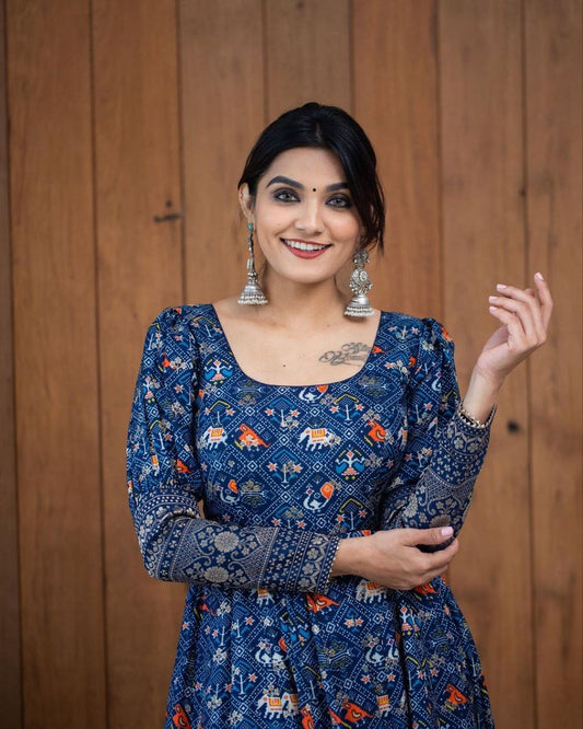 Blue Floral Georgette Gown With Backless Design For Women