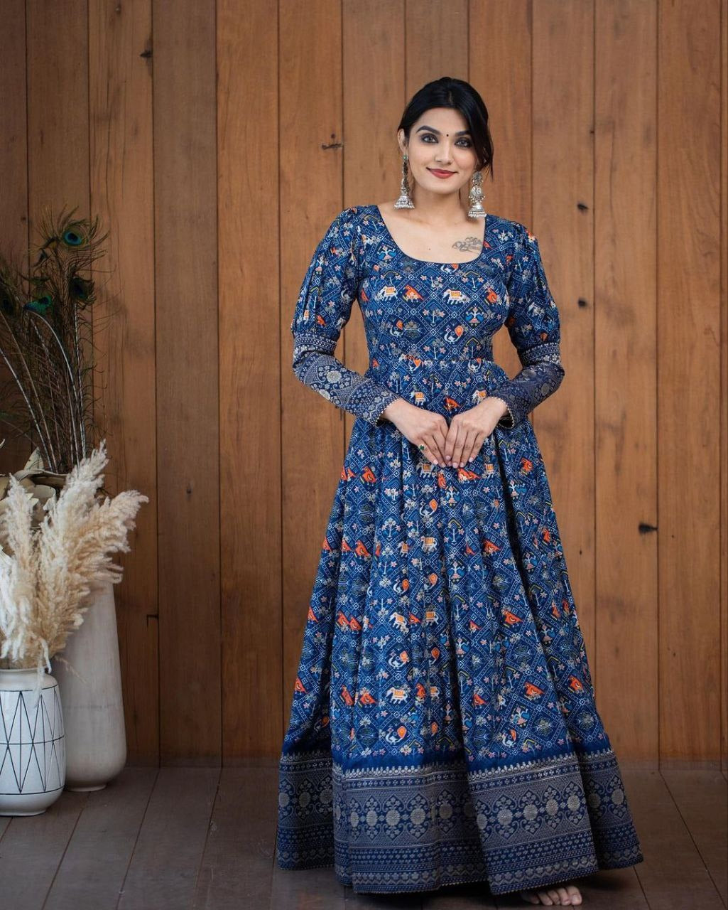 Blue Floral Georgette Gown With Backless Design For Women