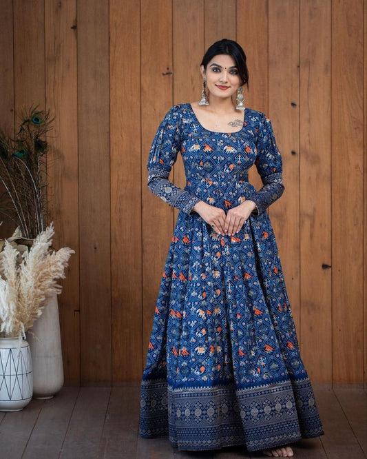 Blue Floral Georgette Gown With Backless Design For Women