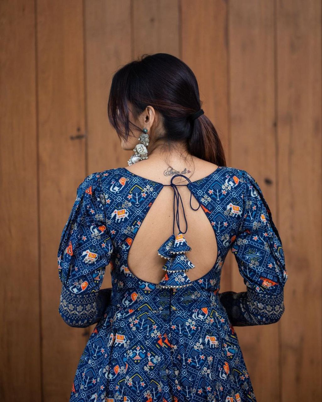 Blue Floral Georgette Gown With Backless Design For Women