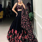 Black Floral Print Dola Silk Lehenga Choli Set For Women Wedding Party