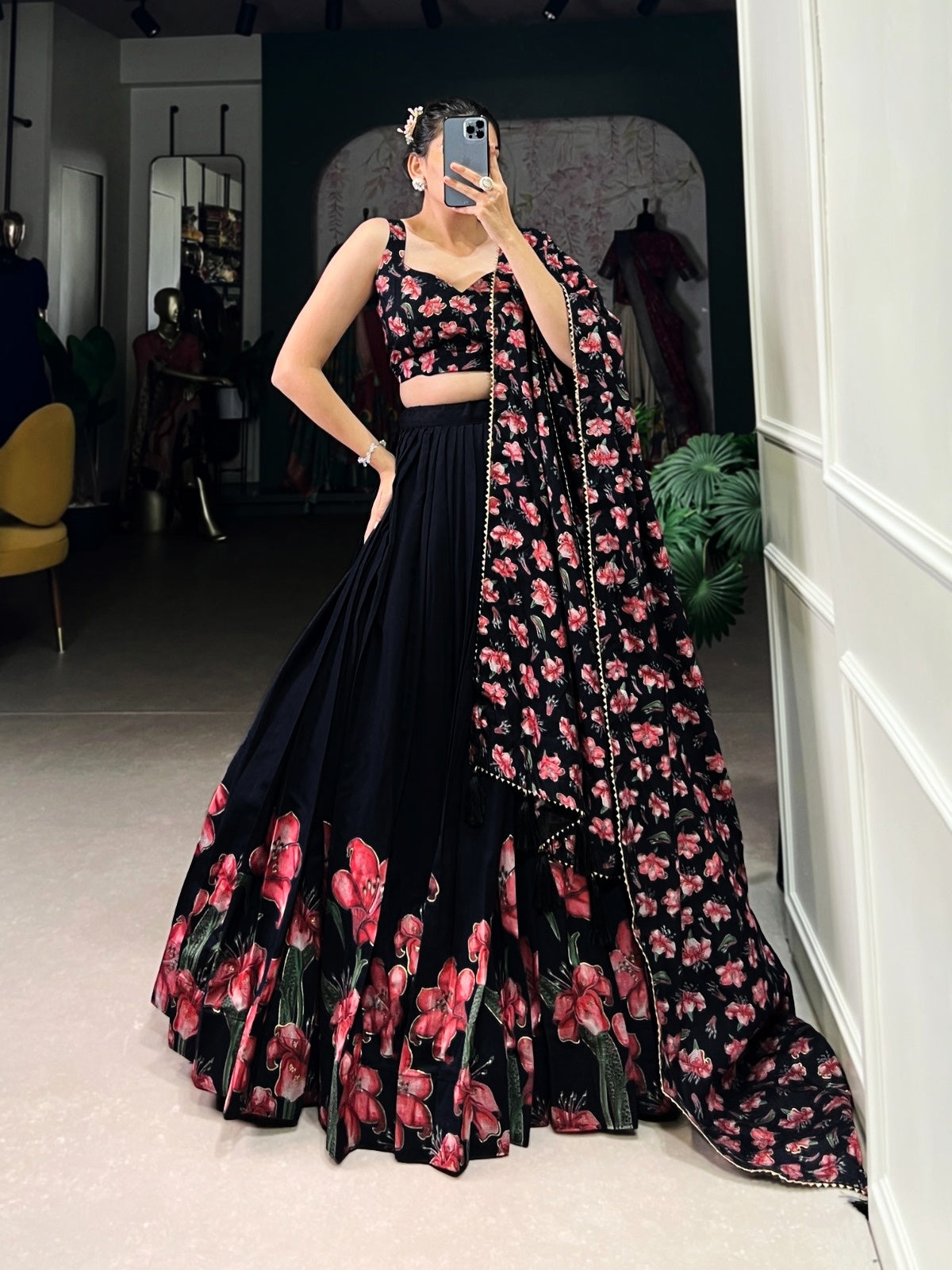 Black Floral Print Dola Silk Lehenga Choli Set For Women Wedding Party