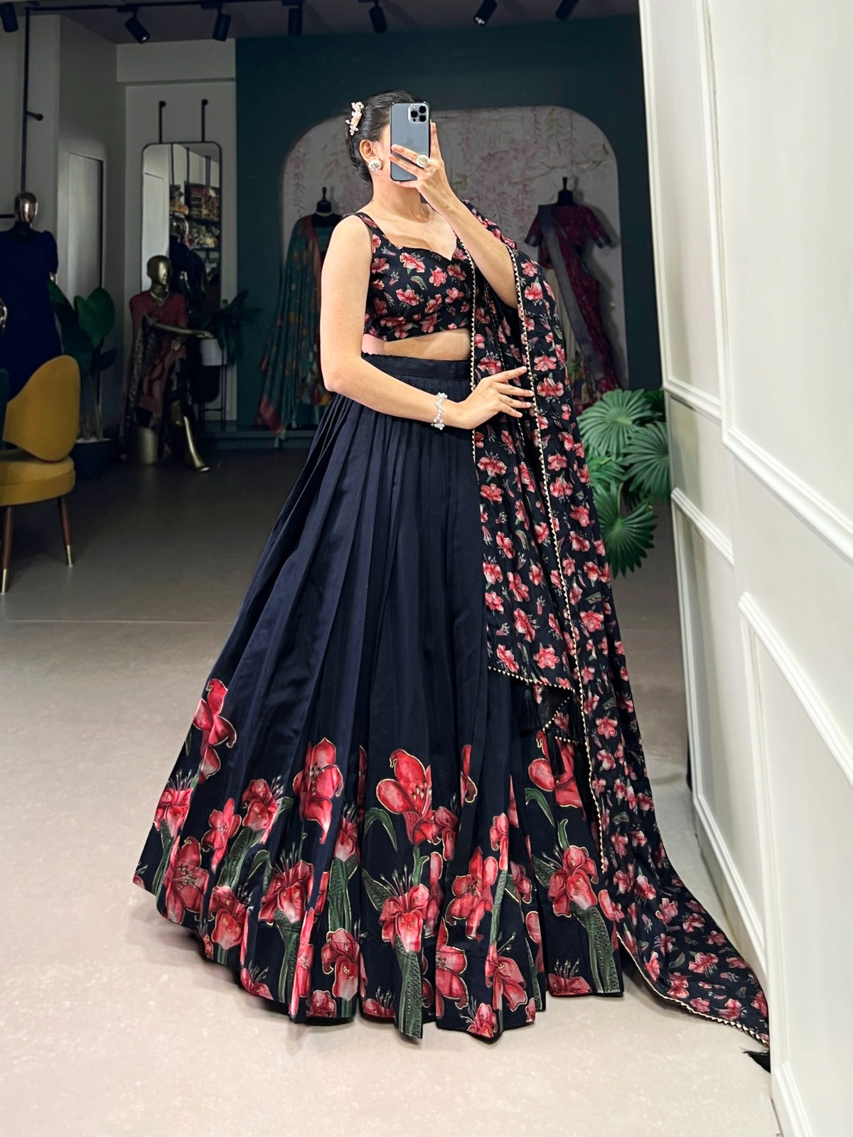 Navy Blue Dola Silk Foil Print Lehenga Choli for Women