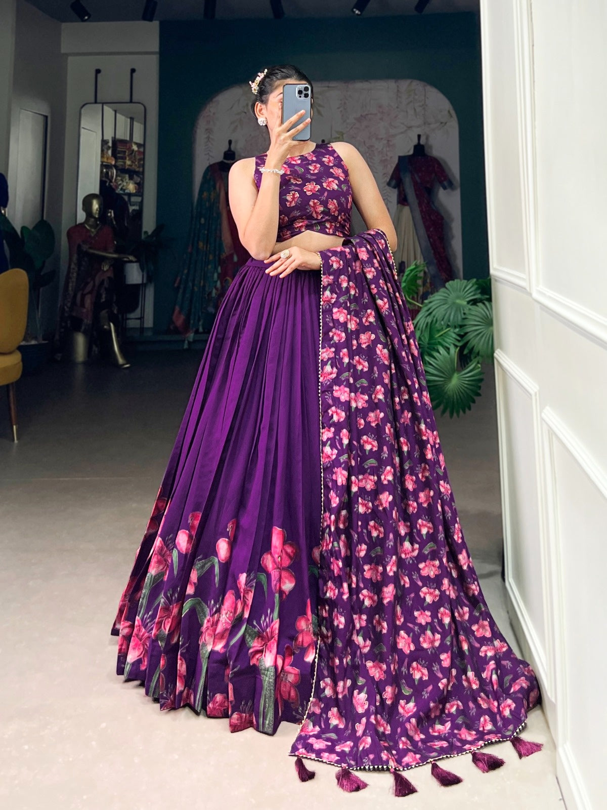 Lavender Floral Print Dola Silk Lehenga Choli Set For Women