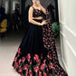 Black Floral Print Dola Silk Lehenga Choli Set For Women Wedding Party