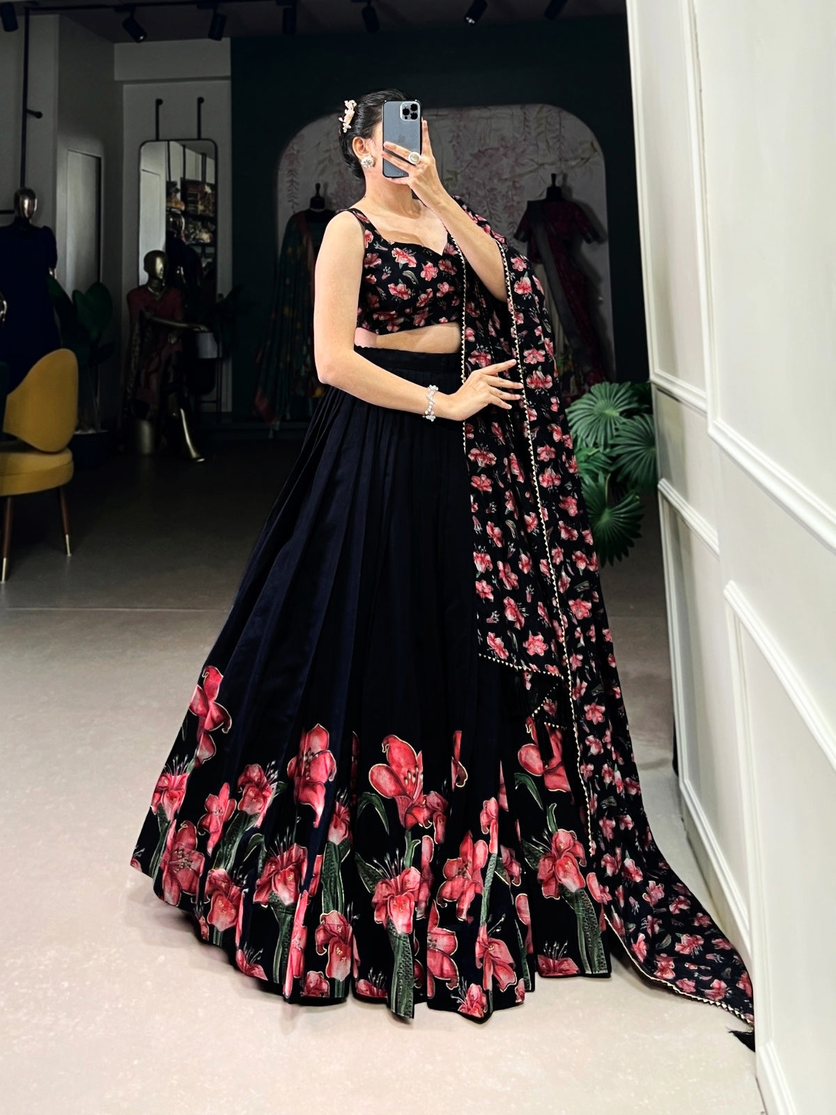 Black Floral Print Dola Silk Lehenga Choli Set For Women Wedding Party