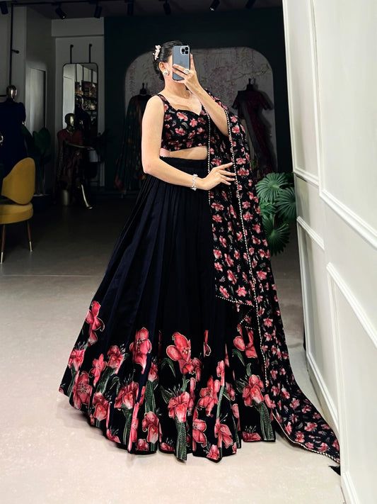 Black Floral Print Dola Silk Lehenga Choli Set For Women Wedding Party