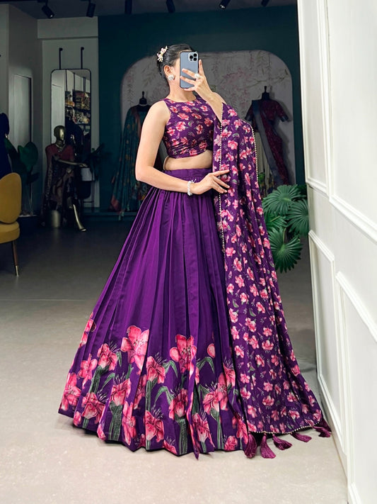 Lavender Floral Print Dola Silk Lehenga Choli Set For Women
