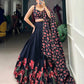 Navy Blue Dola Silk Foil Print Lehenga Choli for Women