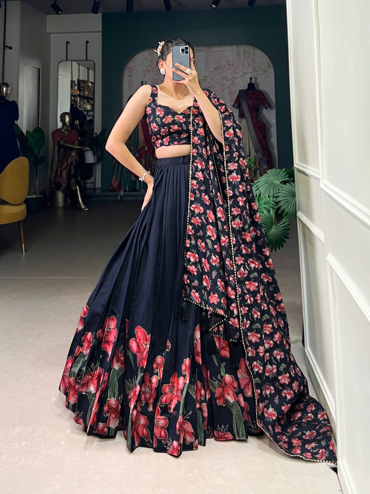 Navy Blue Dola Silk Foil Print Lehenga Choli for Women