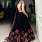 Black Floral Print Dola Silk Lehenga Choli Set For Women Wedding Party