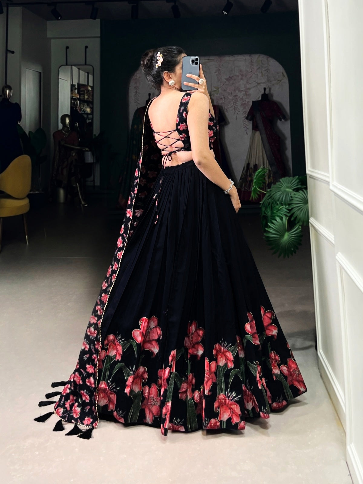Black Floral Print Dola Silk Lehenga Choli Set For Women Wedding Party