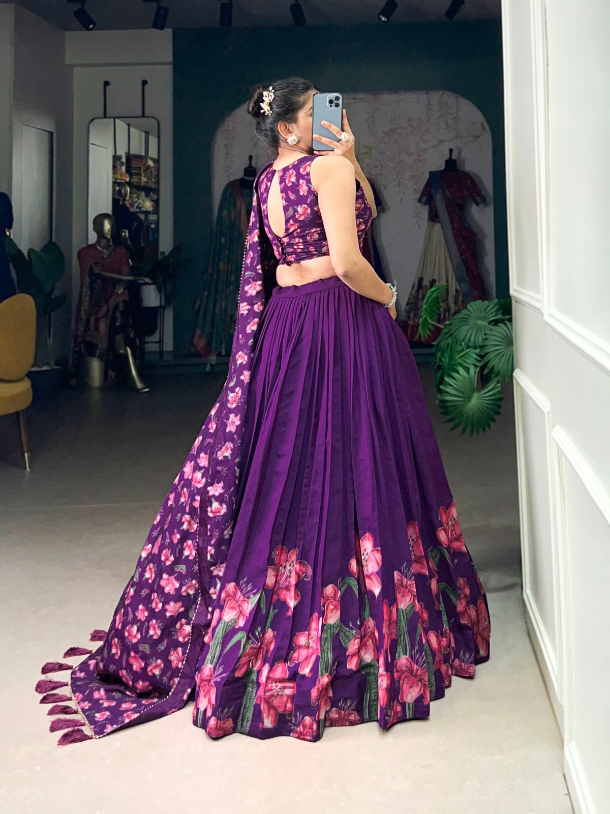 Lavender Floral Print Dola Silk Lehenga Choli Set For Women