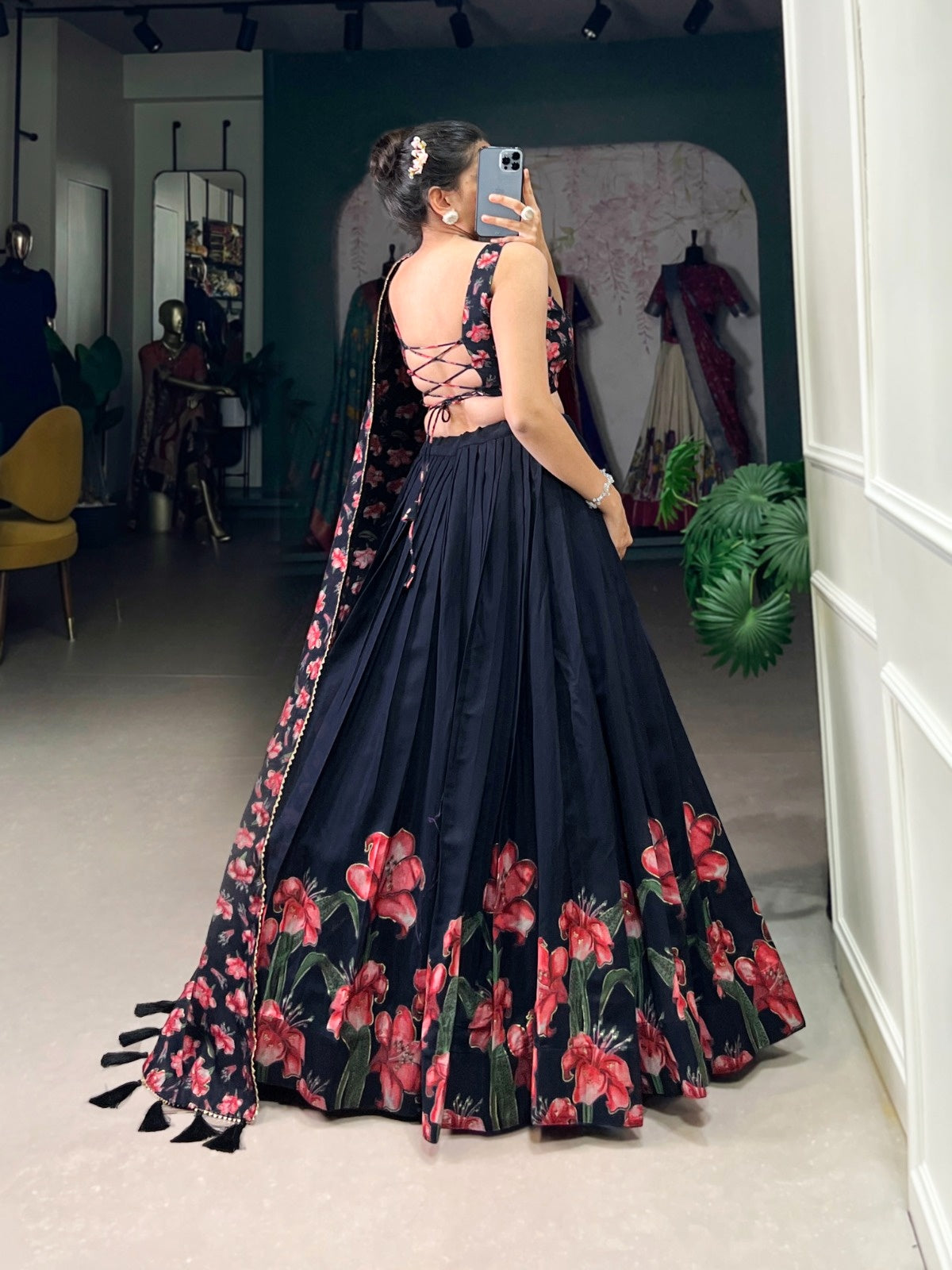 Navy Blue Dola Silk Foil Print Lehenga Choli for Women