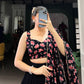 Black Floral Print Dola Silk Lehenga Choli Set For Women Wedding Party