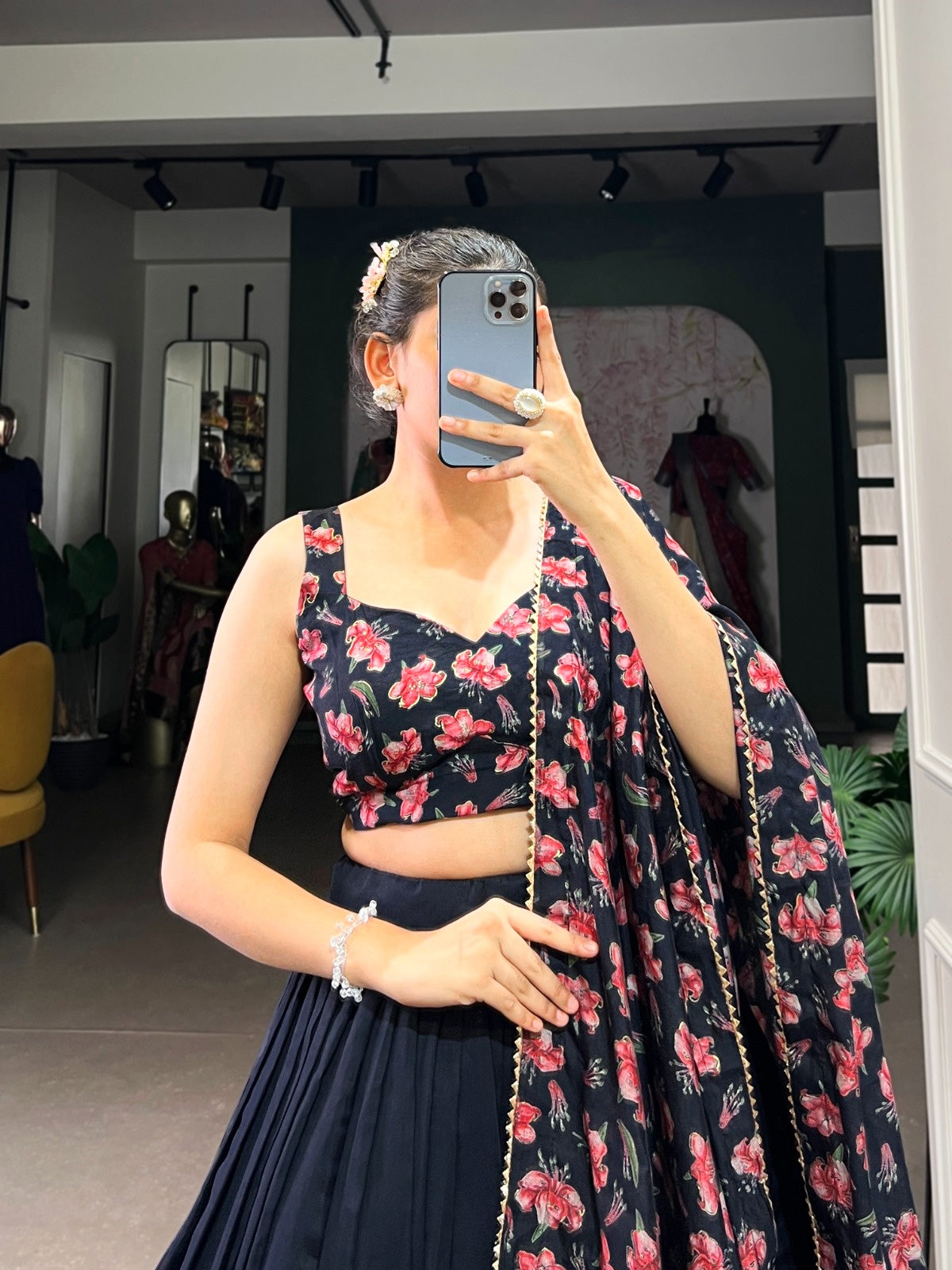 Navy Blue Dola Silk Foil Print Lehenga Choli for Women
