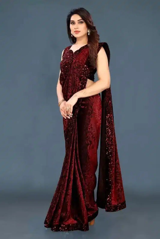 Lycra Sequence Saree for Women (Purple, 6.3 m)